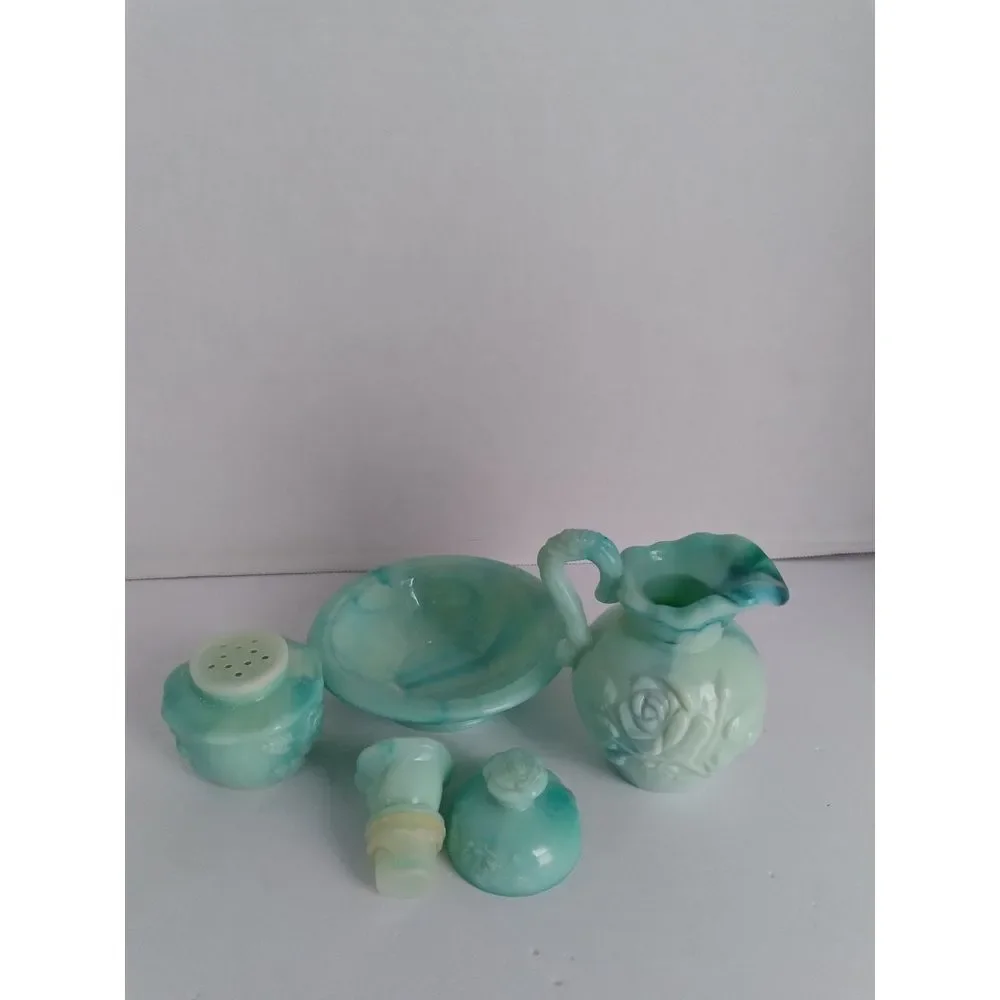 Vintage Avon Mint Green Glass Bathroom Set‎ with Rose Pattern Vanity Accessories